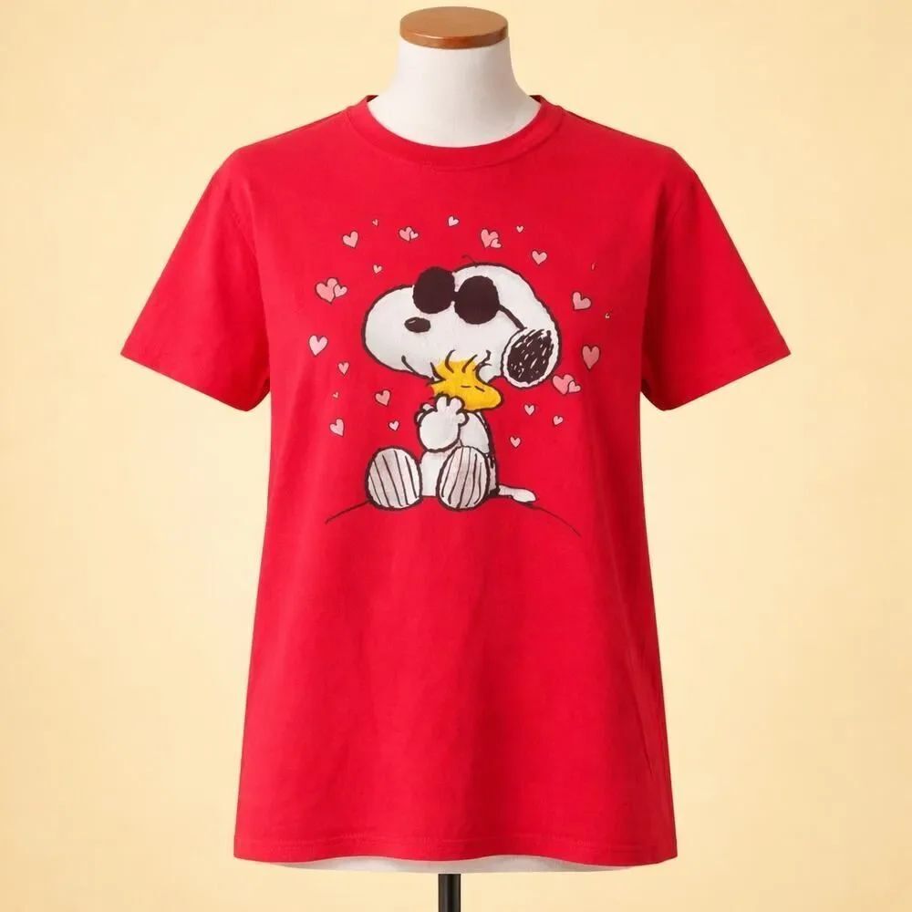 VTG Snoopy Woodstock Hearts Alystyle SS Red Graphic Shirt L Valentines Day
